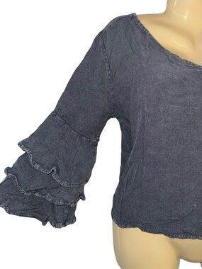 Style Envy Denim Slate Blue Ruffle Sleeve Scoop Neck Top